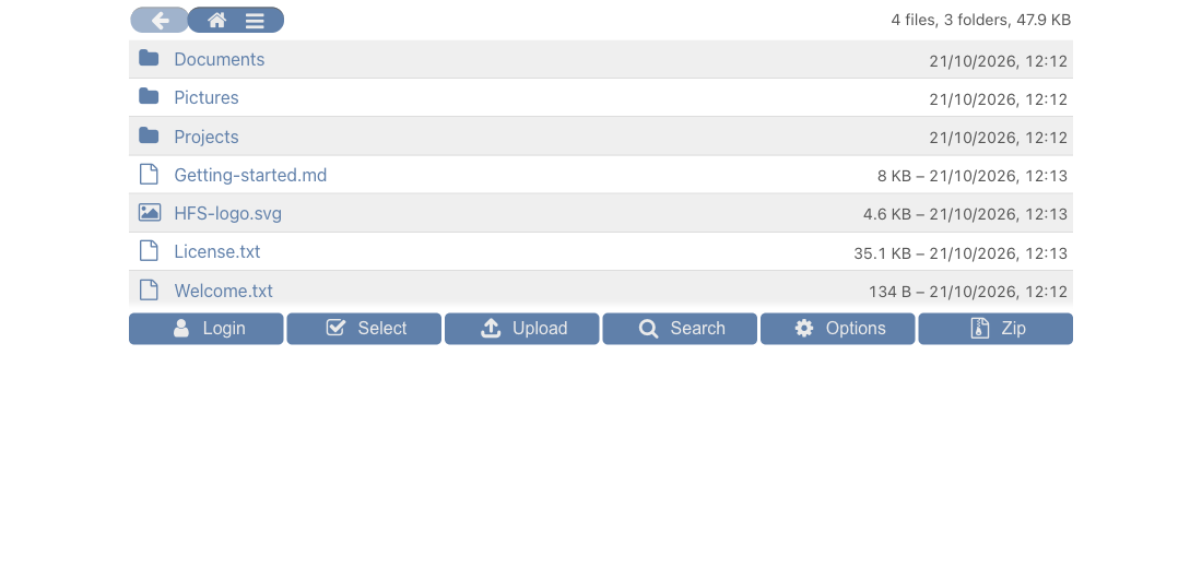 HFS file browser with upload, search and ZIP downloads — watch the video and view more screenshots
